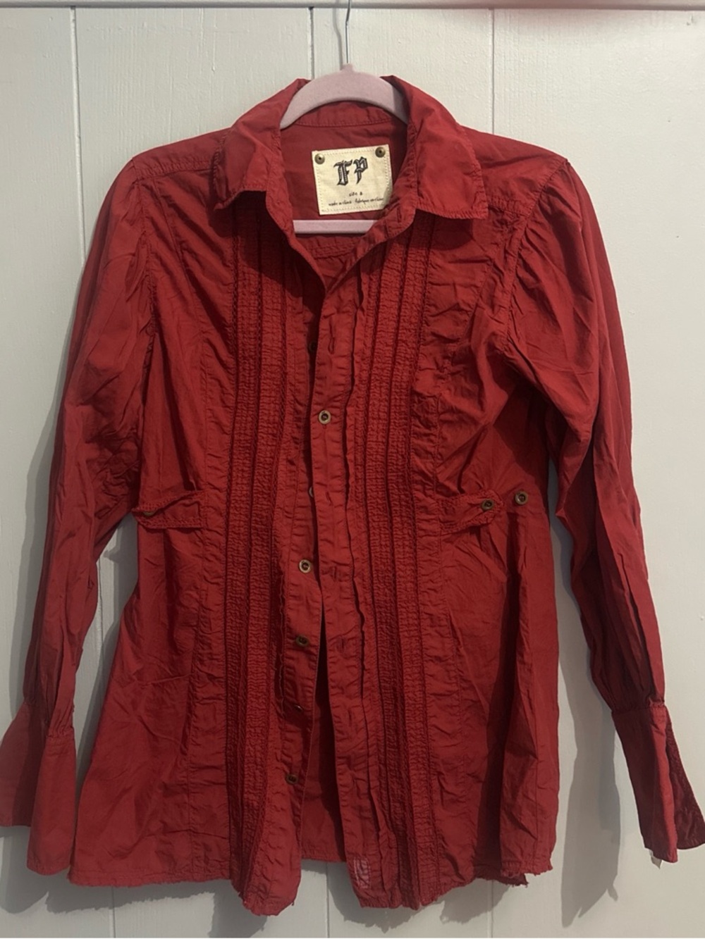Free People Red Button-Down Pintuck Front Shirt too big never worn